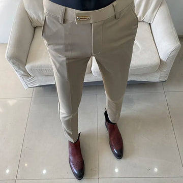 Solid Elastic Waist Dress Pants Calça Masculina Men Slim Business Office Social Ankle Length Trousers